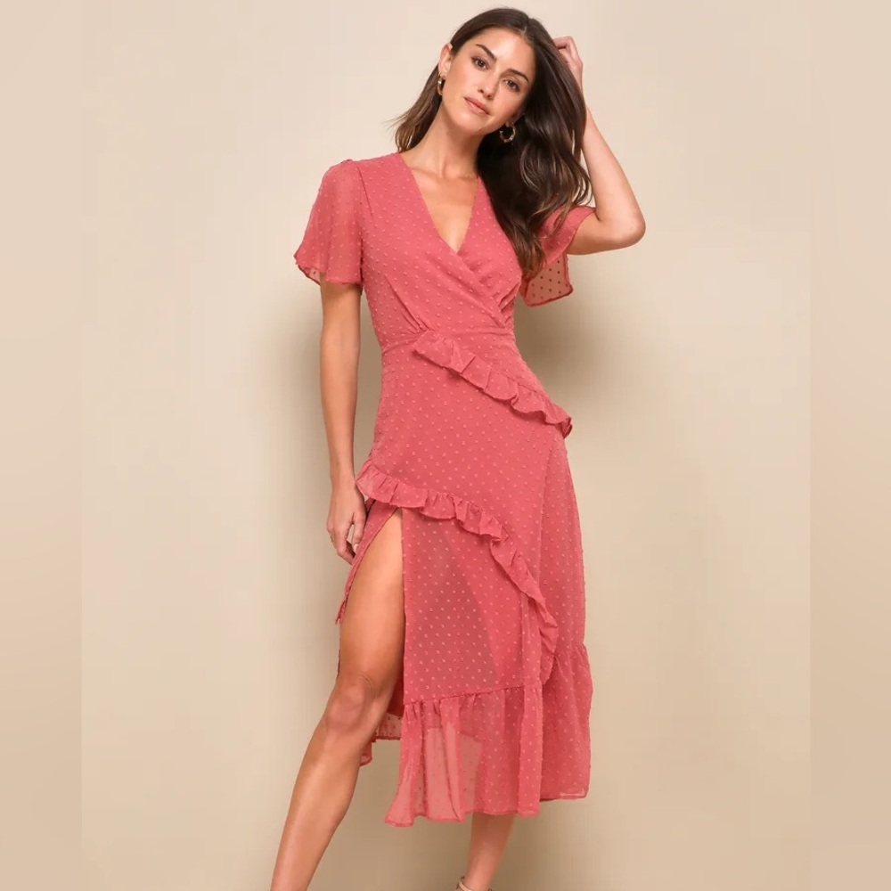 Lulus Rusty Rose Swiss Dot Ruffled Midi Dress
